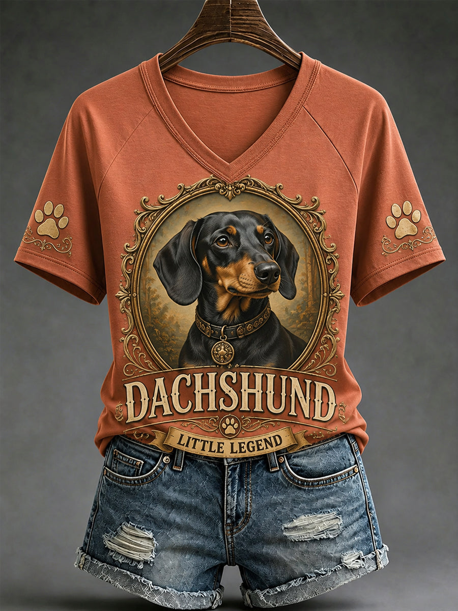 Women's Retro Dog Print Casual V-Neck Tee