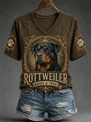 Women's Retro Dog Print Casual V-Neck Tee