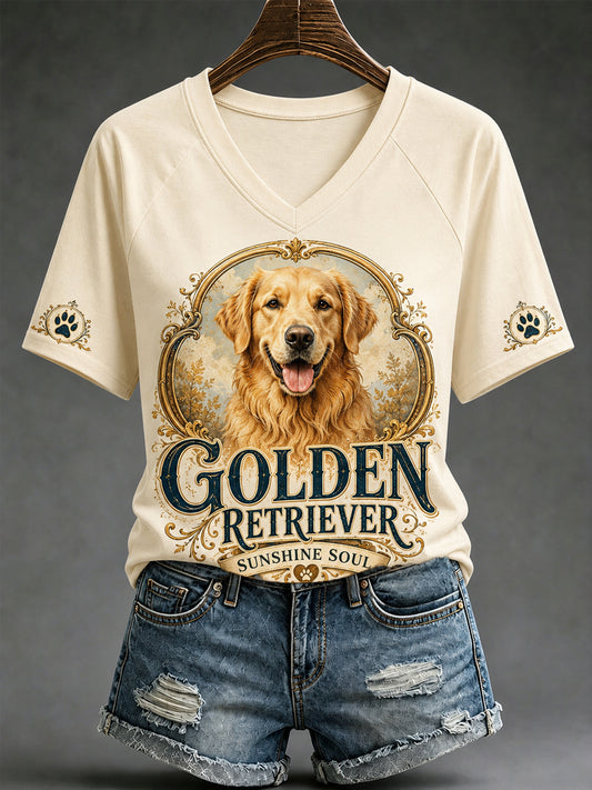 Women's Retro Dog Print Casual V-Neck Tee