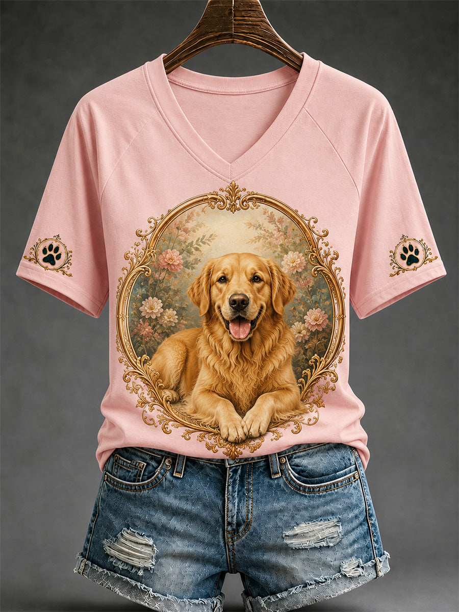 Women's Retro Dog Print Casual V-Neck Tee
