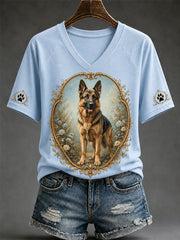 Women's Retro Dog Print Casual V-Neck Tee