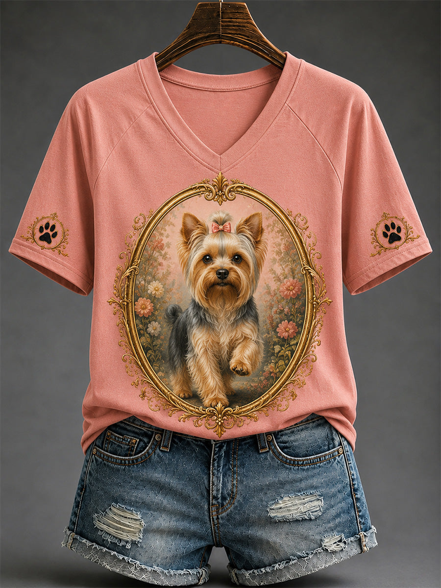 Women's Retro Dog Print Casual V-Neck Tee