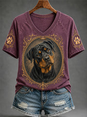 Women's Retro Dog Print Casual V-Neck Tee