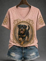 Women's Retro Dog Print Casual V-Neck Tee