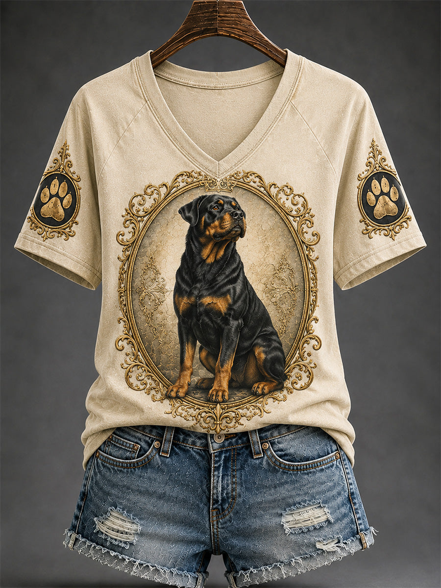 Women's Retro Dog Print Casual V-Neck Tee