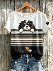 Women's Peeking King Charles Spaniel Dog & Paw Print Colorblock Print short-sleeved T-shirt
