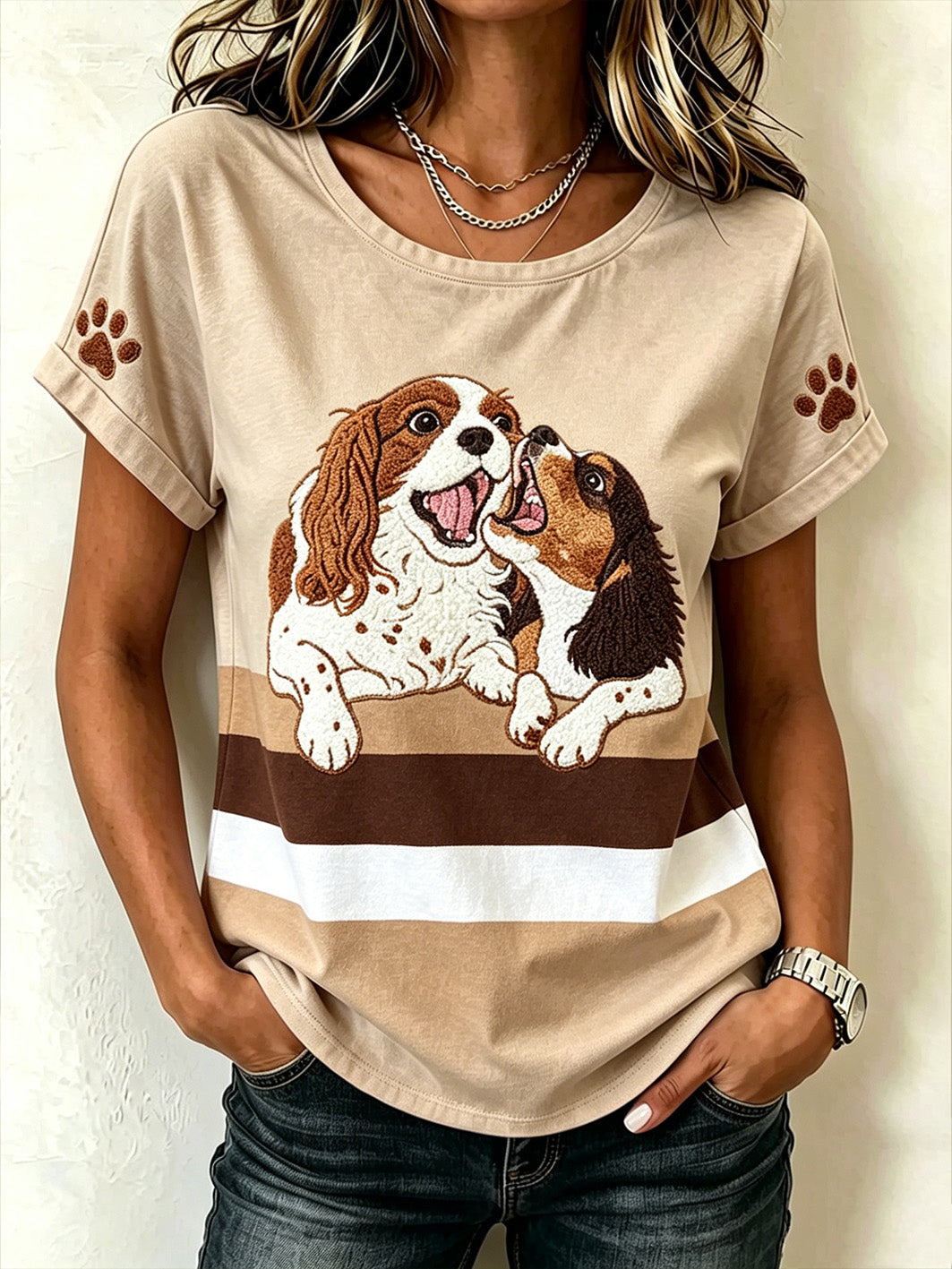 Women's cute dog pattern printed casual short-sleeve T-shirt