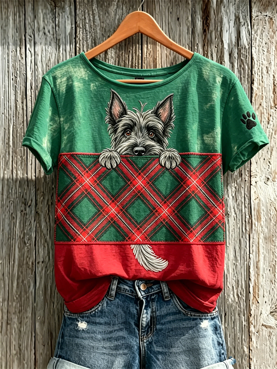 Women's Peeking Scottish Terrier Dog Scotland Plaid Colorblock Print short-sleeved T-shirt