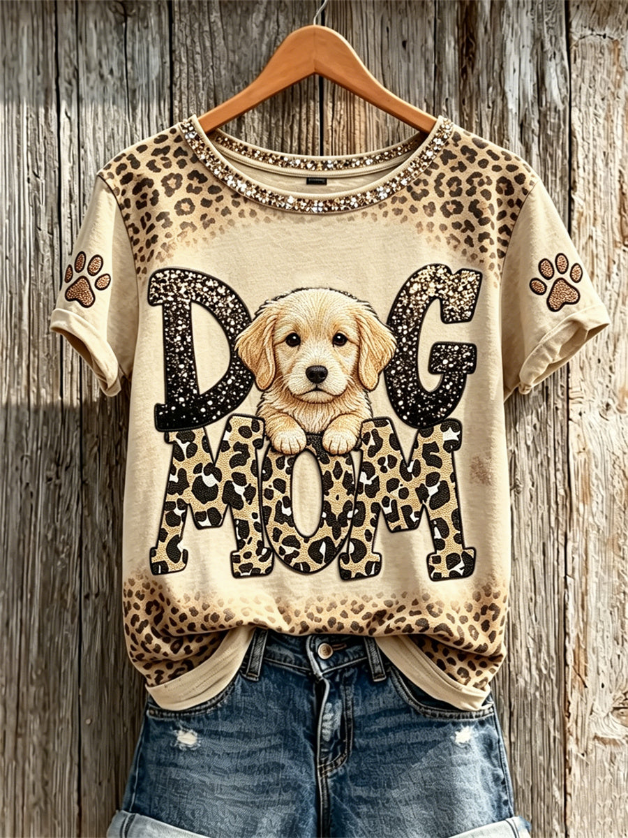 Women's Peeking Golden Retriever Dog Mom & Paw Prints Leopard Print short-sleeved T-shirt