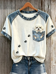 Women's Fuzzy Bichon Dog Fake Pocket & Paw Prints Denim Patchwork Print T-shirts