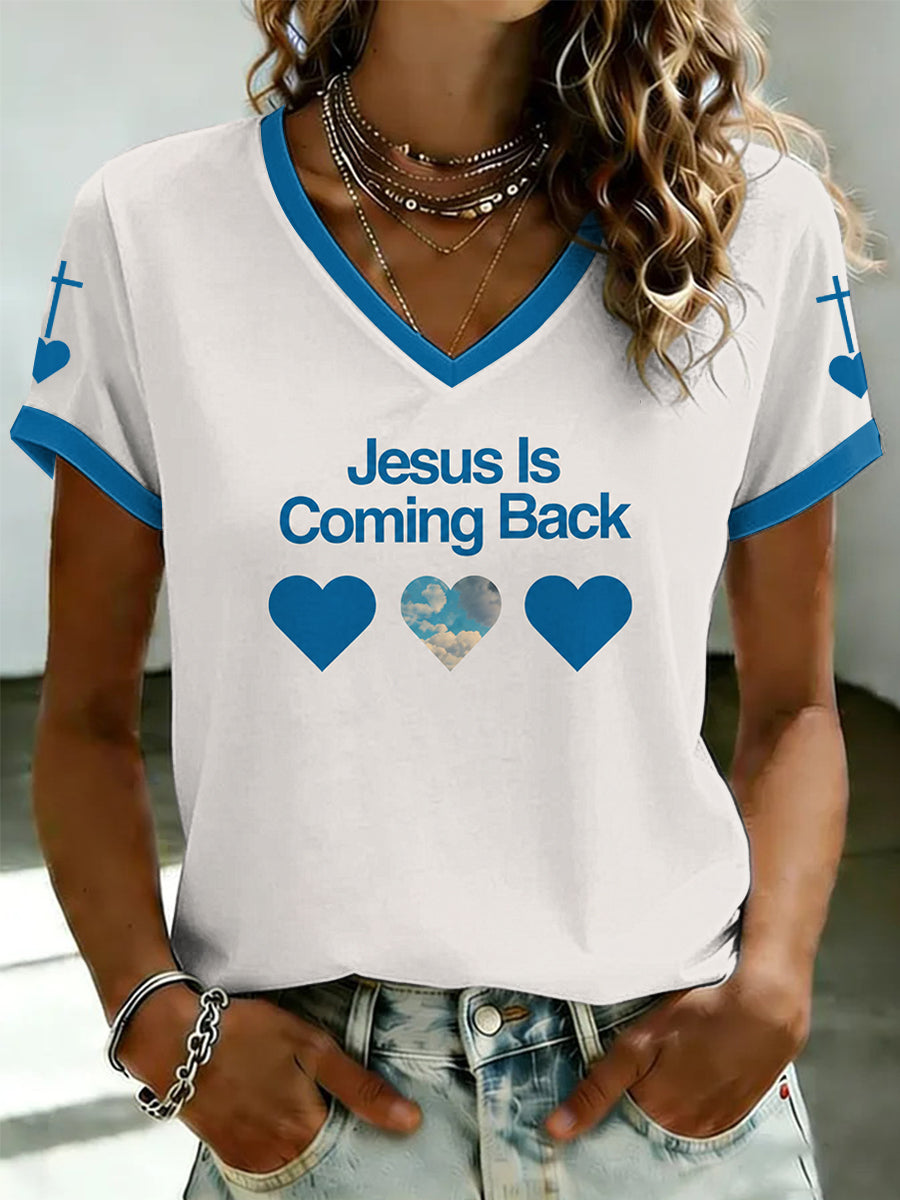 Women's Jesus Is Coming Back Printed V-neck T-shirt