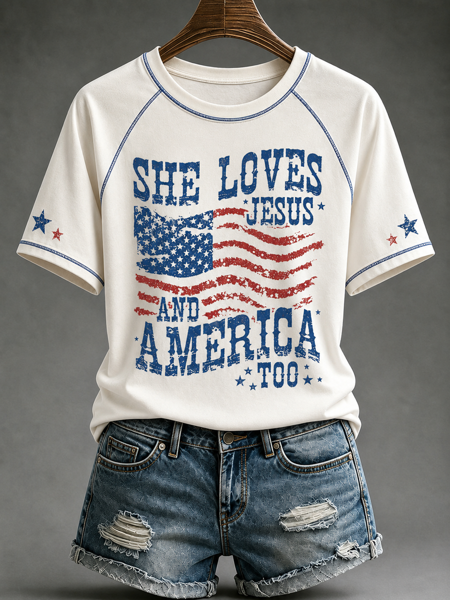 Women's Loves Jesus and America Too round neck short sleeve T-shirt