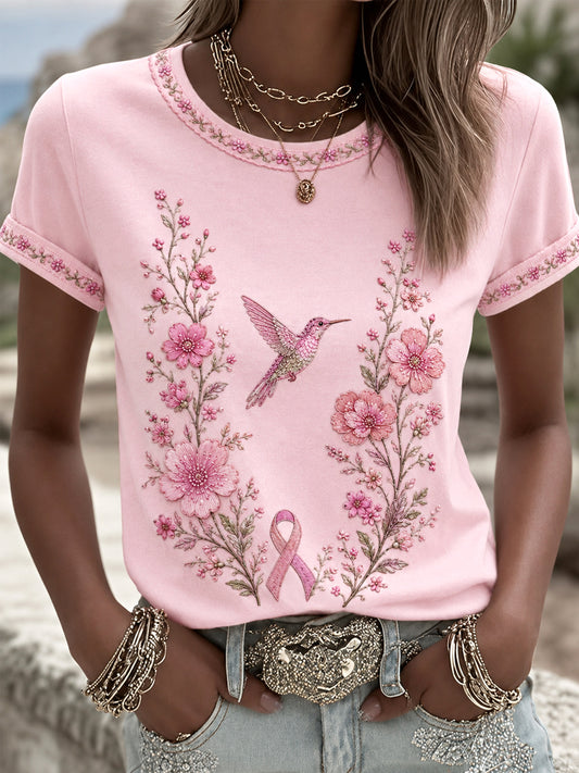 Women's Pink Floral & Hummingbird Print Breast Cancer Awareness Support Tee