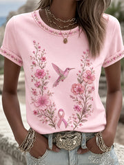 Women's Pink Floral & Hummingbird Print Breast Cancer Awareness Support Tee