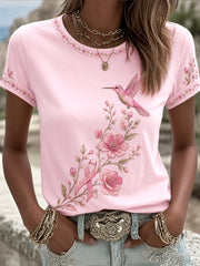 Women's Pink Floral & Hummingbird Print Breast Cancer Awareness Support Tee
