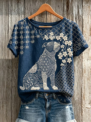 Women's Bulldog & Cherry Blossom Japanese Sashiko Art Print linen short-sleeved T-shirt