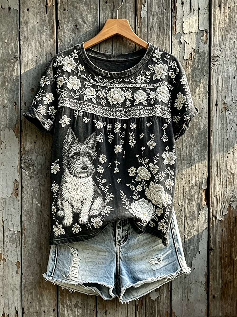 Women's Cute Terrier Dog Art Floral Print Short-sleeved T-shirt