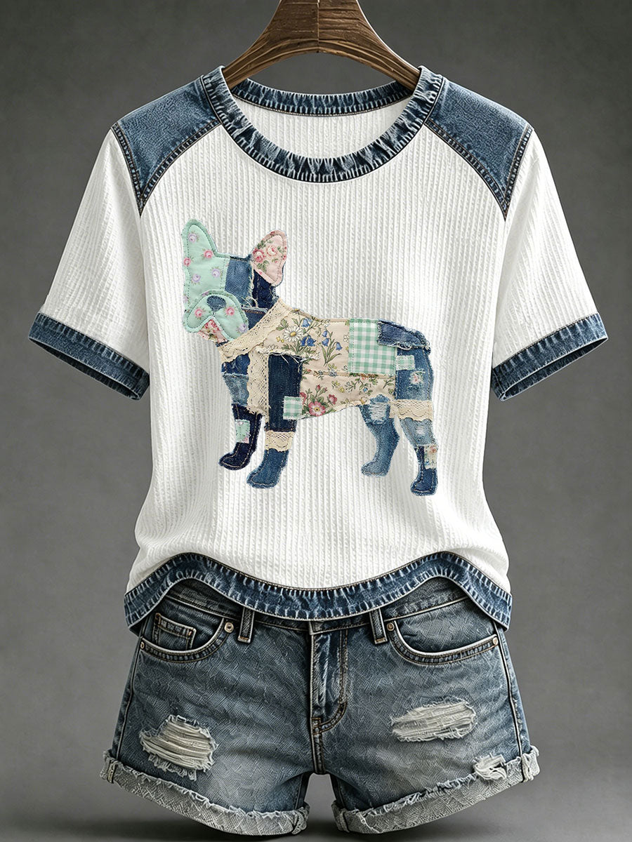 Women's Floral Plaid Denim Dog Art Waffle Print Casual T-Shirt