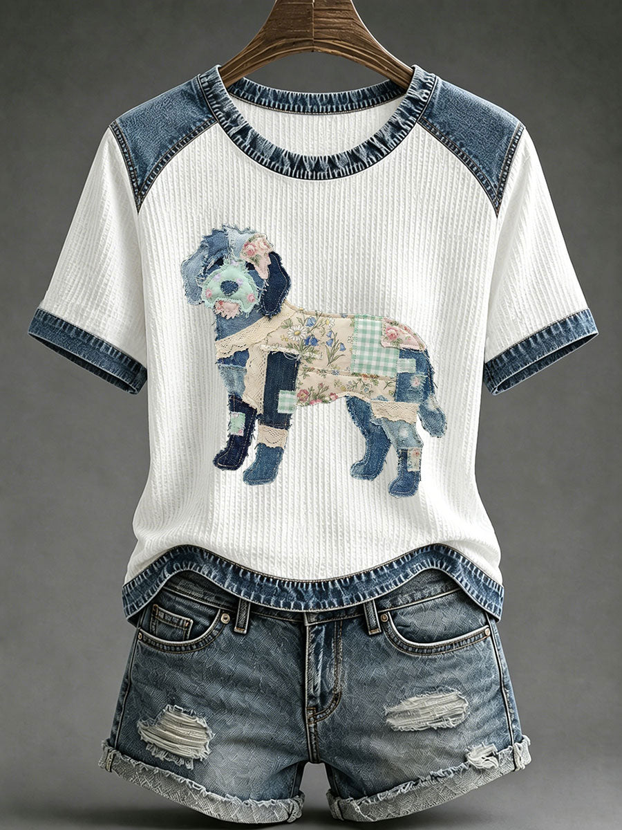 Women's Floral Plaid Denim Dog Art Waffle Print Casual T-Shirt
