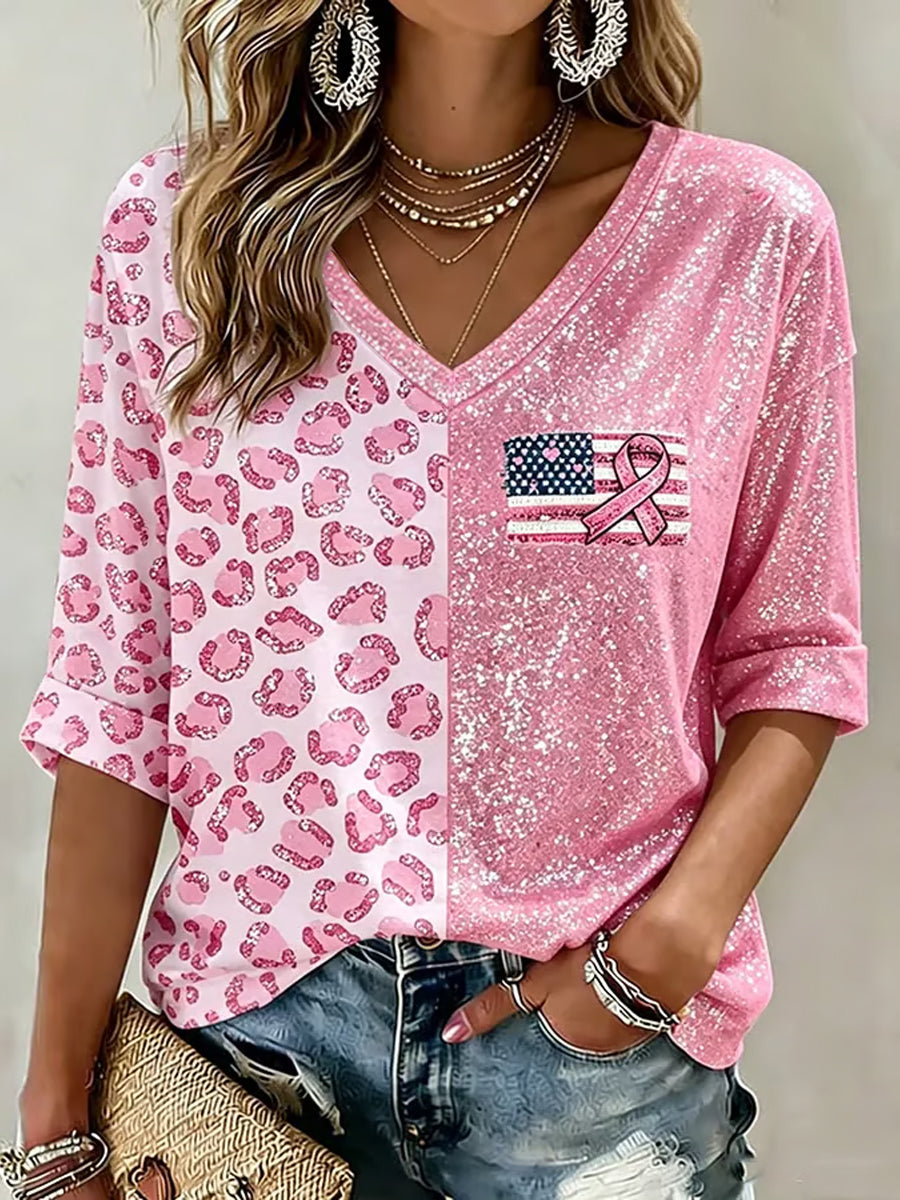 Women's Pink Ribbon & Flag Print Breast Cancer Awareness Support  Mid-length Sleeves V-Neck T-Shirt