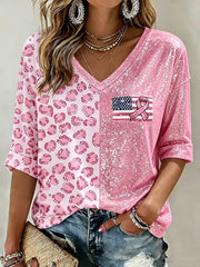 Women's Pink Ribbon & Flag Print Breast Cancer Awareness Support  Mid-length Sleeves V-Neck T-Shirt