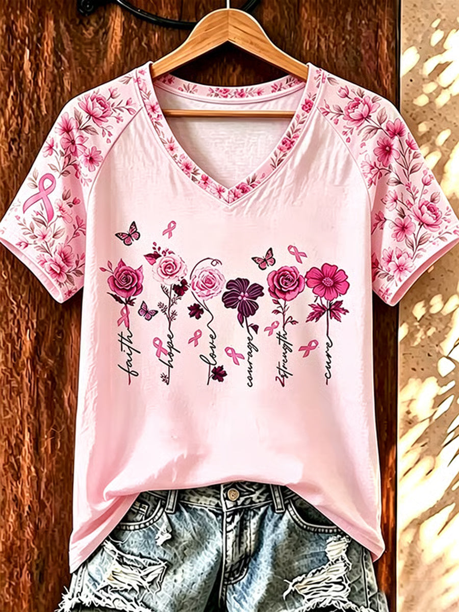 Pink Ribbon & Floral Print Breast Cancer Awareness Suppor V-neck T-shirt