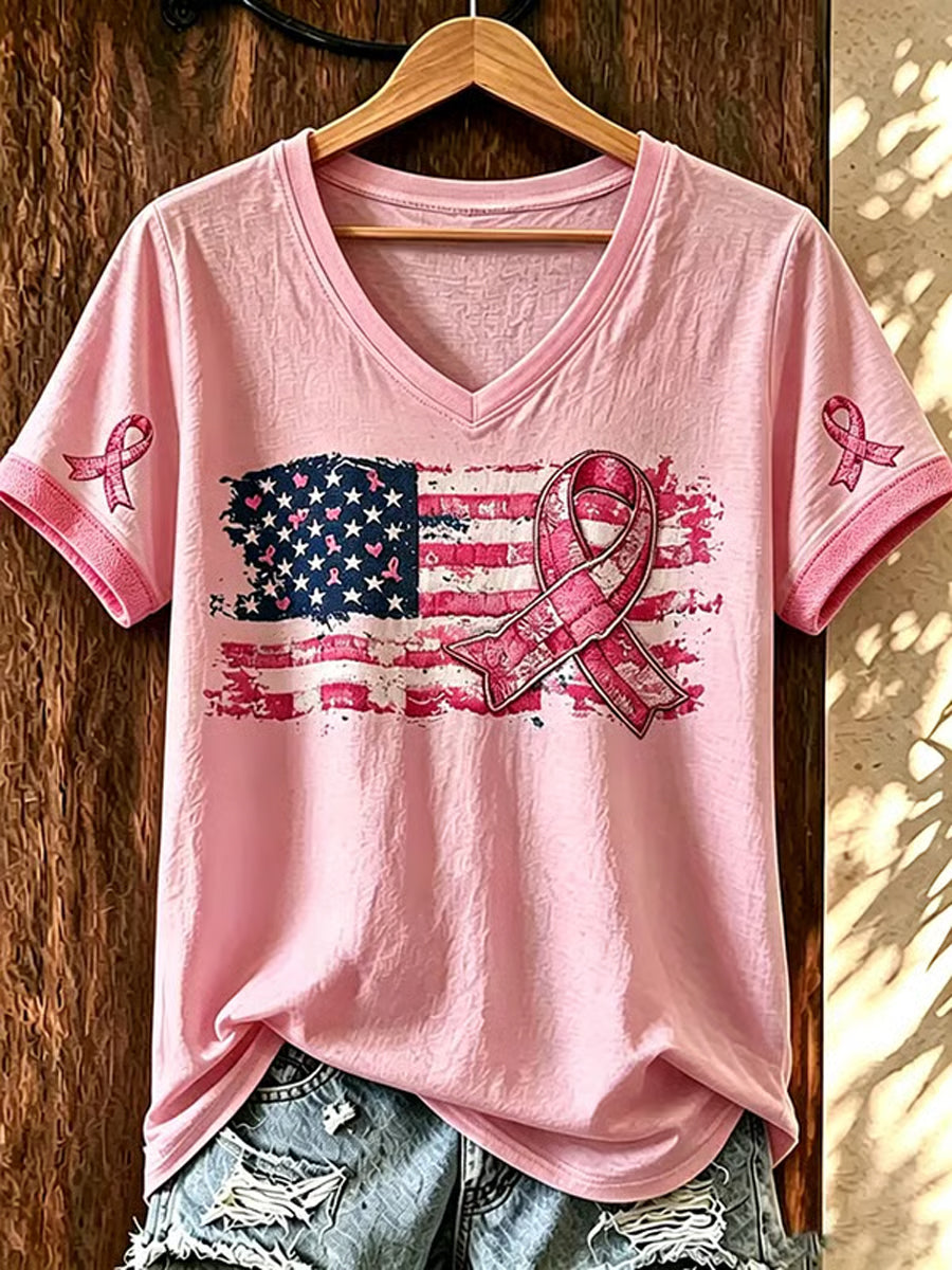 Pink Ribbon & Flag Print Breast Cancer Awareness Support Short Sleeve T-shirt