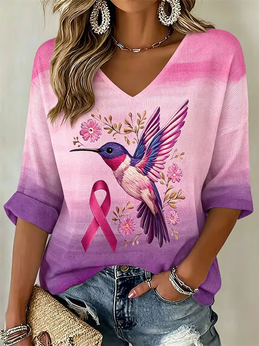 Women's Pink Floral & Hummingbird Print Breast Cancer Awareness Support Waffle T-shirt
