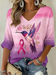 Women's Pink Floral & Hummingbird Print Breast Cancer Awareness Support Waffle T-shirt