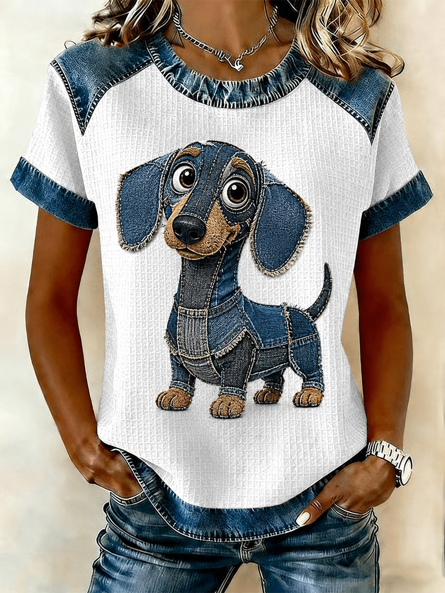 Women's Denim Patchwork Dog Print Waffle Casual Tee