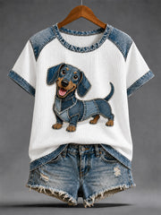 Women's Denim Patchwork Dog Print Waffle Casual Tee