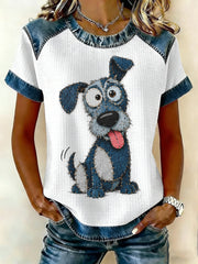 Women's Denim Patchwork Dog Print Waffle Casual Tee