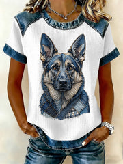 Women's Denim Patchwork Dog Print Waffle Casual Tee