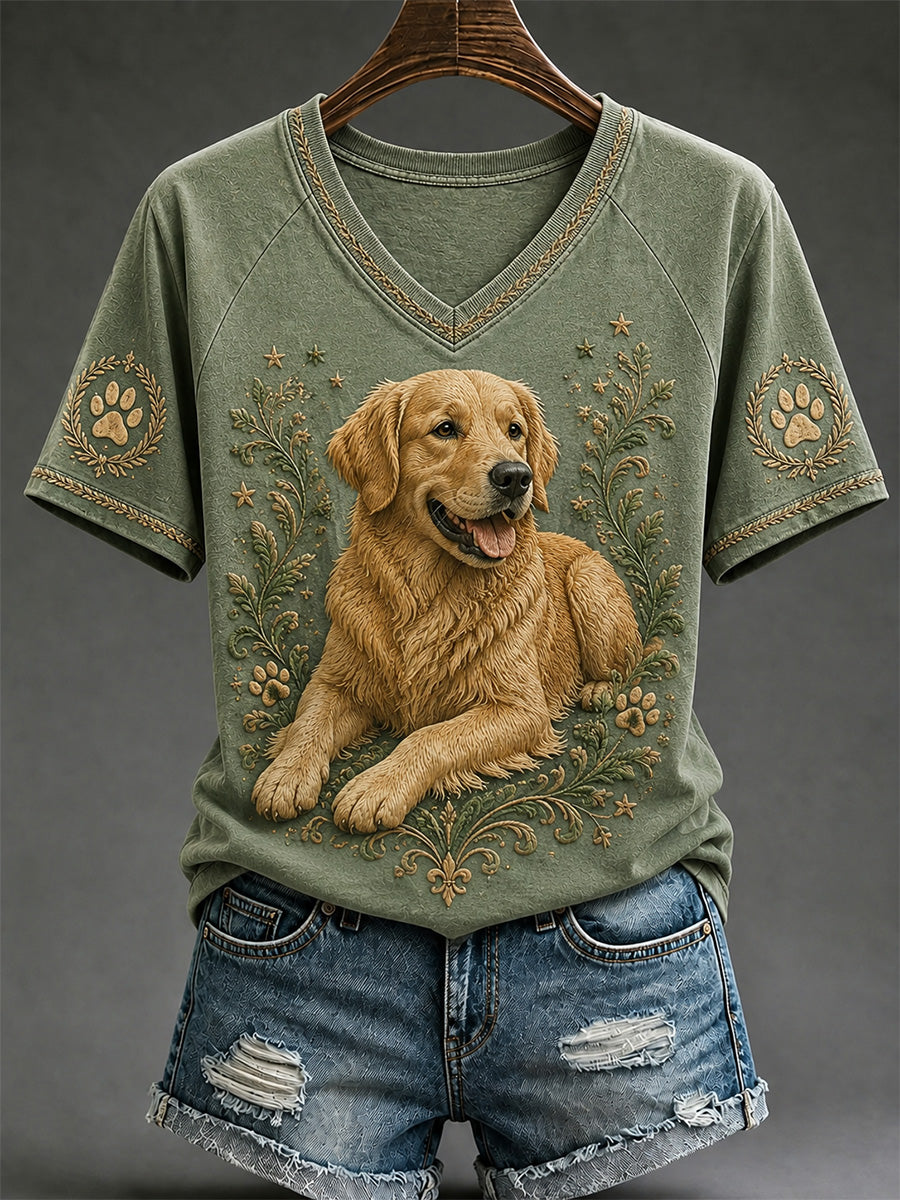 Women's Retro Dog Print Casual V-Neck Tee
