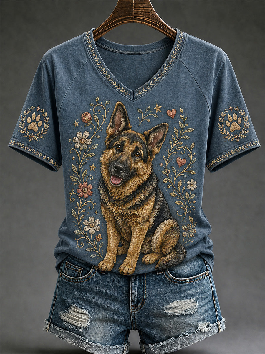 Women's Retro Dog Print Casual V-Neck Tee
