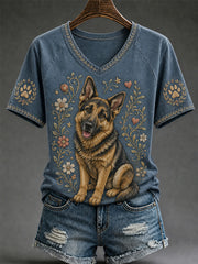 Women's Retro Dog Print Casual V-Neck Tee