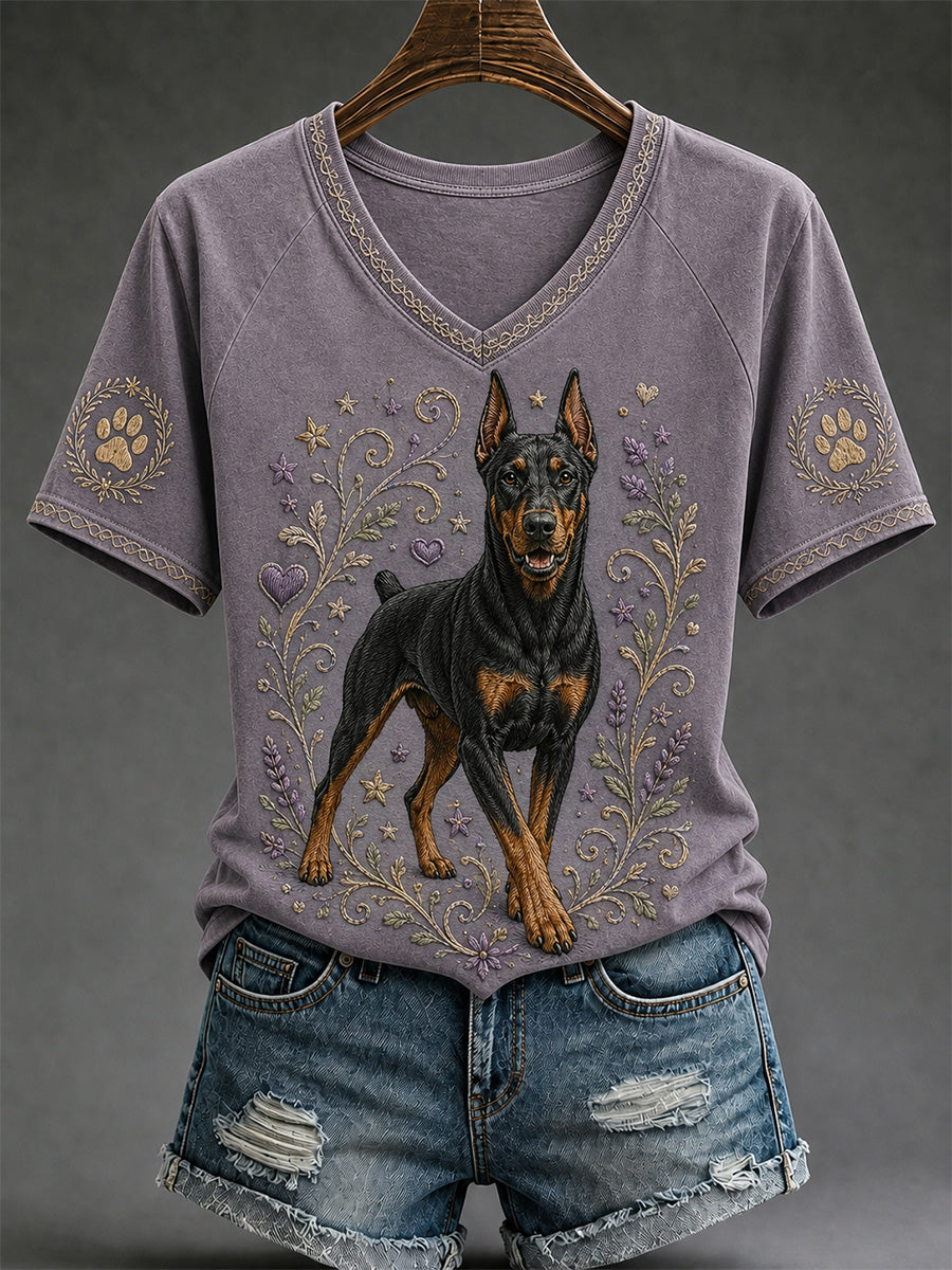 Women's Retro Dog Print Casual V-Neck Tee