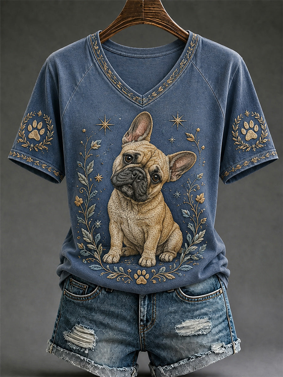 Women's Retro Dog Print Casual V-Neck Tee
