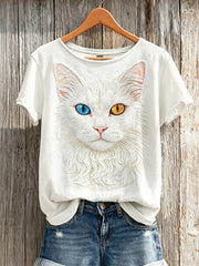 Women's Classy Heterochromia White Cat Print short-sleeved T-shirt