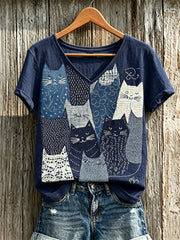 Women's Cats Patchwork Japanese Sashiko Art Print linen short-sleeved T-shirt