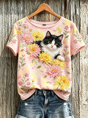 Women's cute cat and flower pattern printed casual short-sleeve T-shirt
