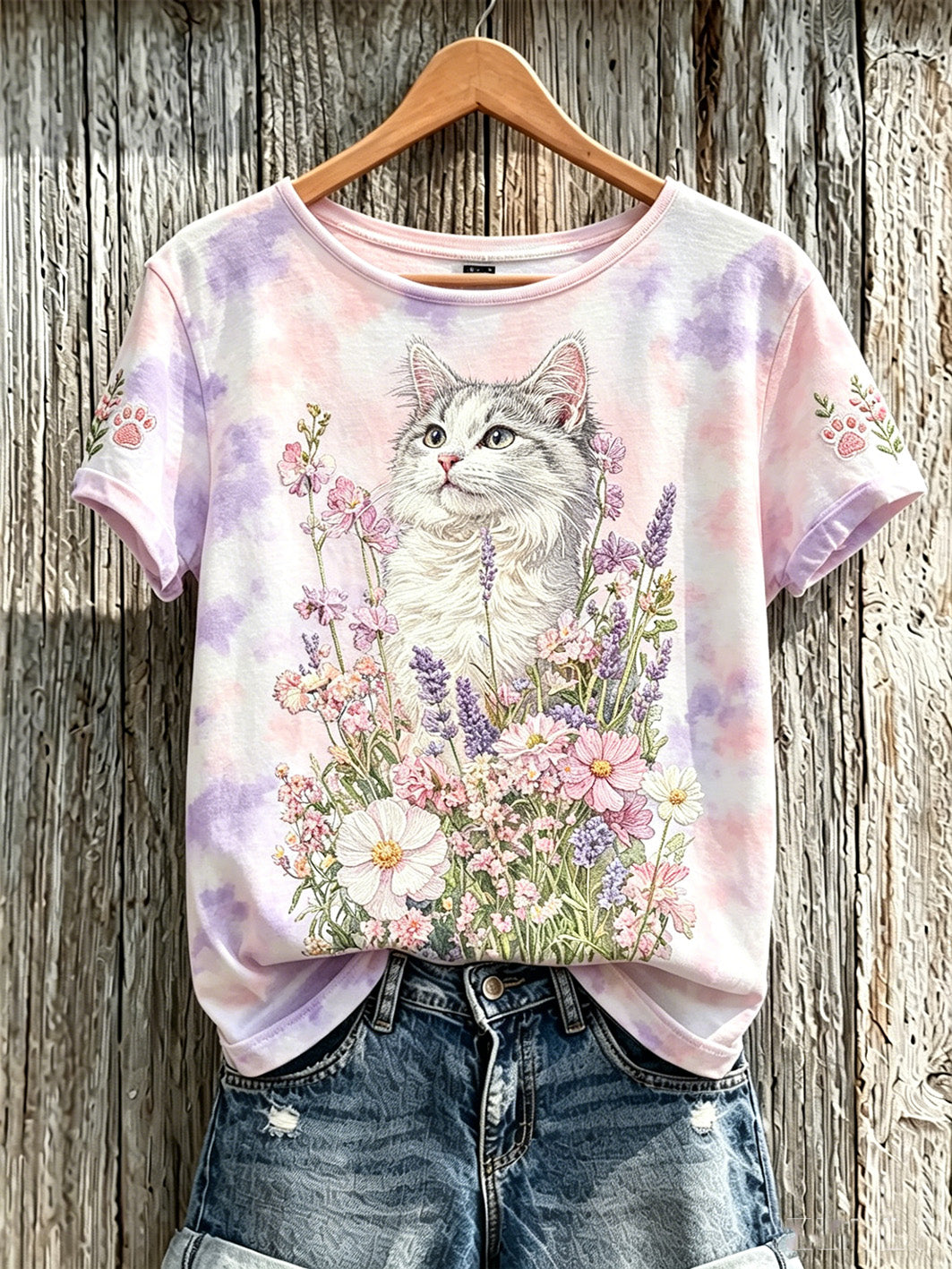 Women's cute cat and flower pattern printed casual short-sleeve T-shirt