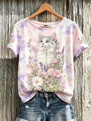Women's cute cat and flower pattern printed casual short-sleeve T-shirt