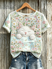 Women's cute cat and flower pattern printed casual short-sleeve T-shirt