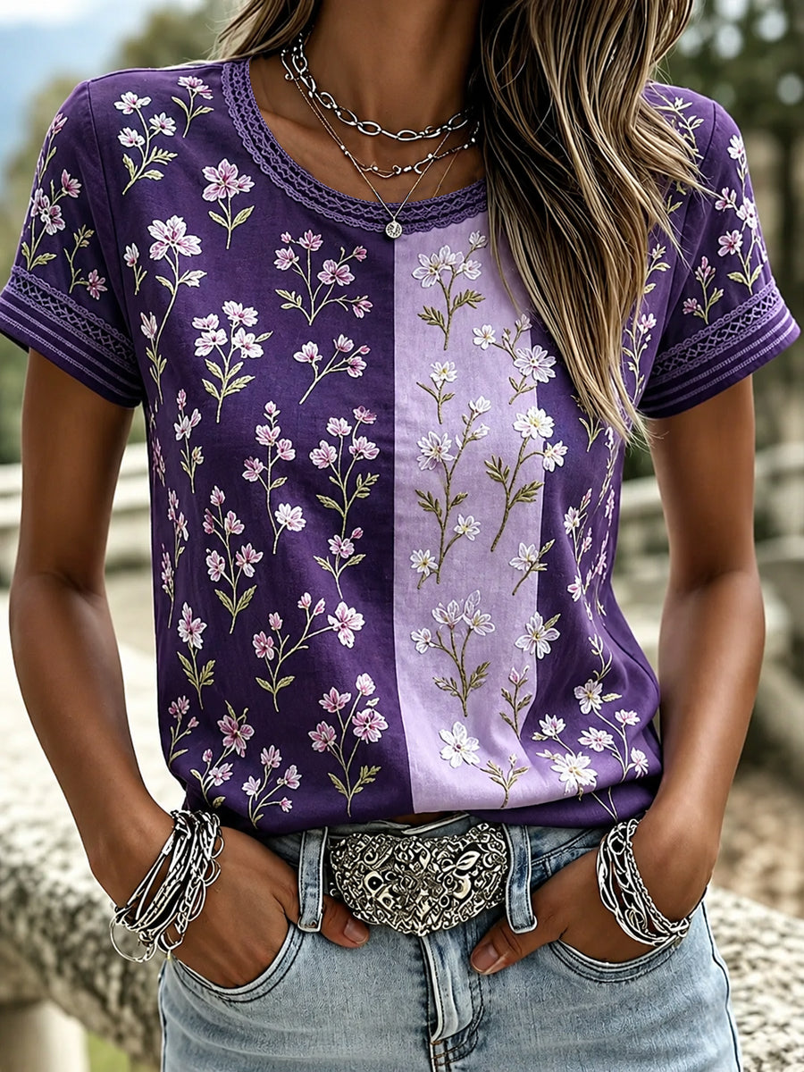 Women's Purple Flora Art Printed T-shirt