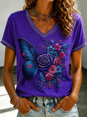 Women's Purple Flora Art Printed V-neck T-shirt