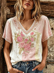 Women's pink floral print cotton and linen short-sleeve T-shirt