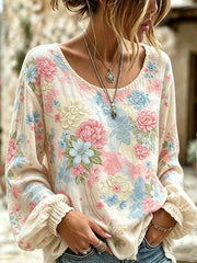 Women's pink floral print cotton and linen shirt