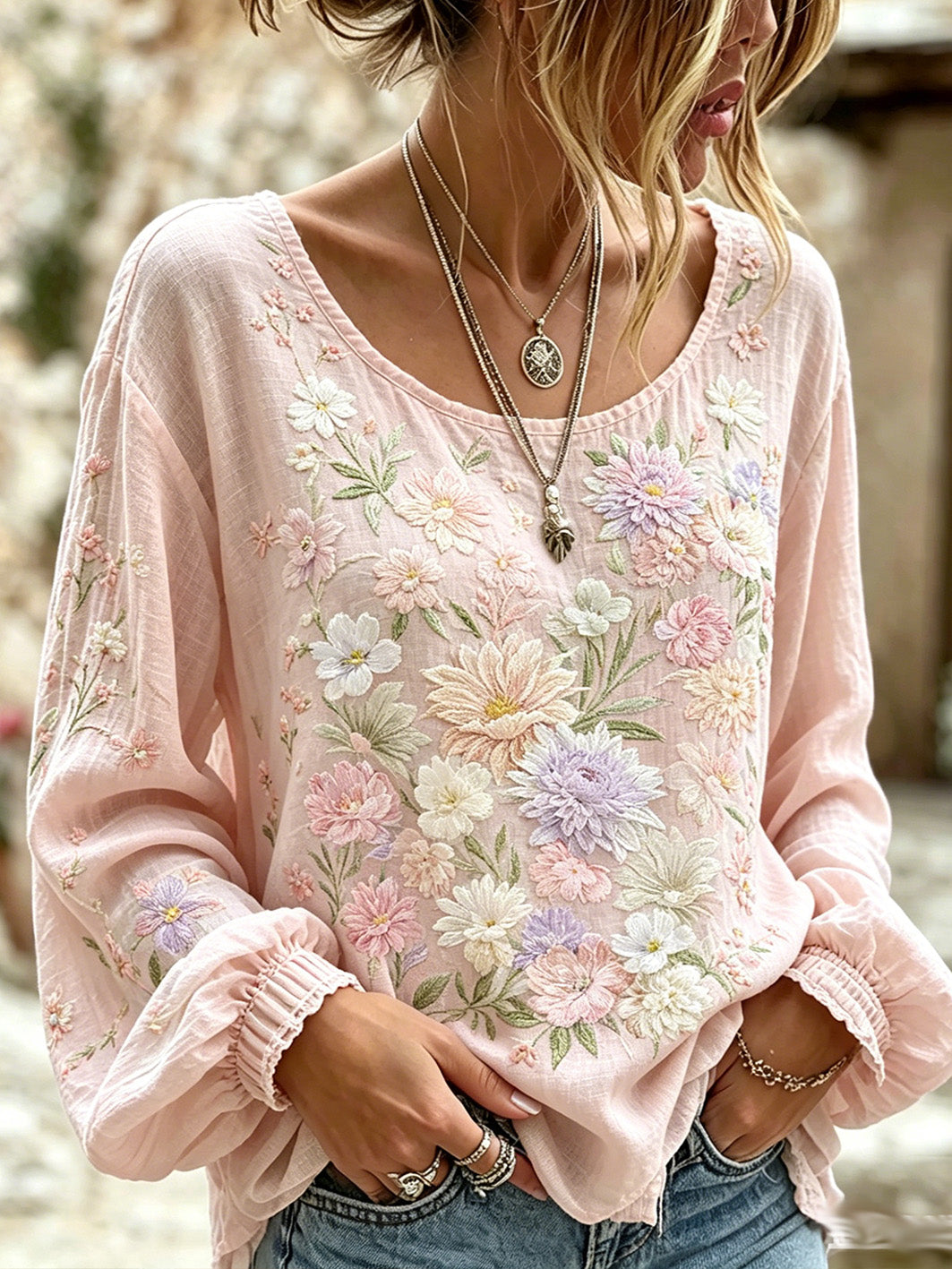 Women's pink floral print cotton and linen shirt