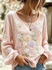 Women's pink floral print cotton and linen shirt